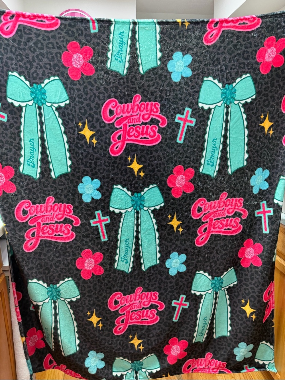 Cowboys and Jesus Graphic plus Blanket - Black, Teal & Pink